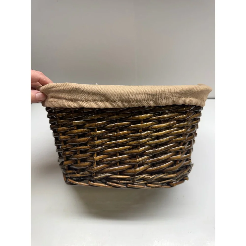 Dark Brown Wicker Storage Basket with Removable Tan Fabric Liner Oval Handwoven